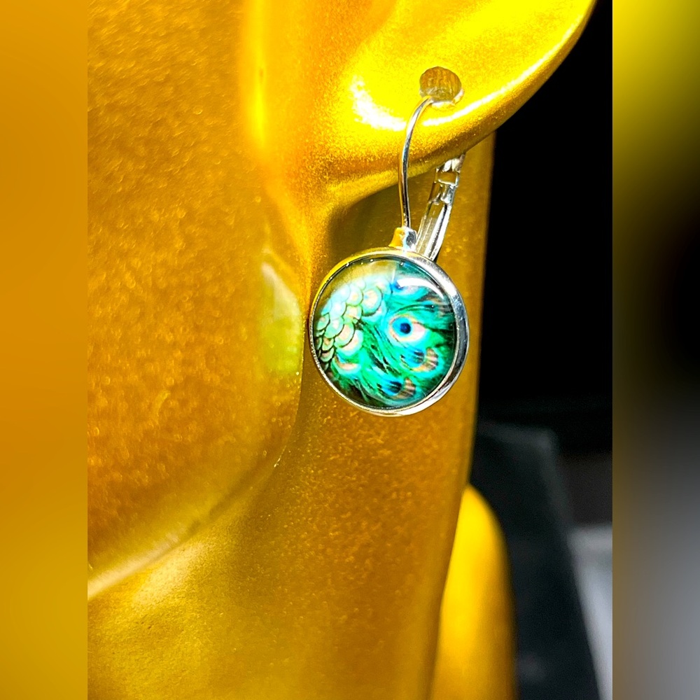 2/22 Pretty Silver peacock earrings lever back
